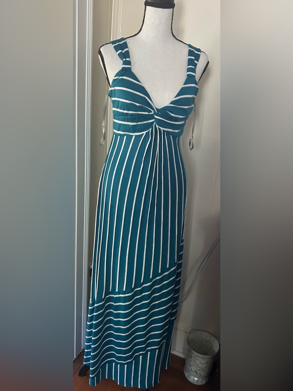 Striped Teal and White Maxi Dress with Knot Front